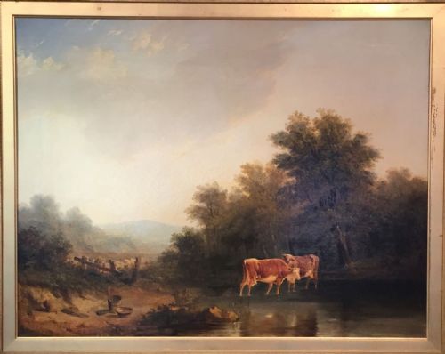 LARGE 19TH CENTURY OIL PAINTING OF CATTLE COWS WATERING IN A LANDSCAPE - ADDITIONAL PHOTO 1