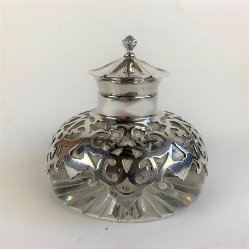 silver topped glass inkwell - CATEGORY: ANTIQUE SILVER - DATED 1900