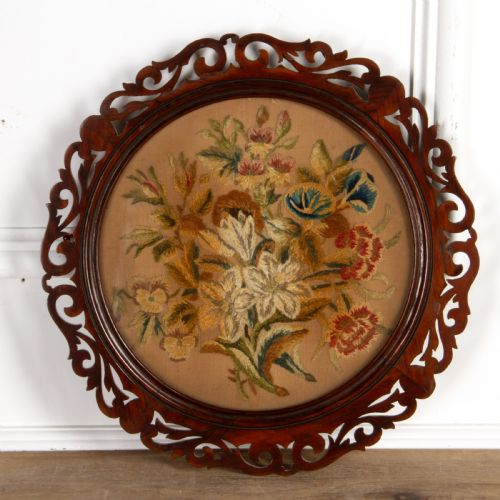 PAIR OF FRAMED CIRCULAR FLORAL NEEDLEWORK PICTURES - ADDITIONAL PHOTO 1