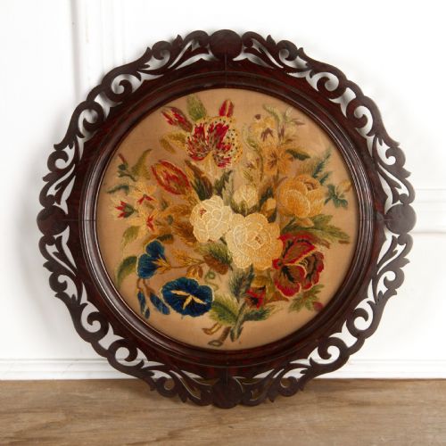 PAIR OF FRAMED CIRCULAR FLORAL NEEDLEWORK PICTURES - ADDITIONAL PHOTO 2