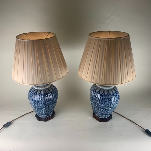 large pair of blue and white delft vases table lamps - CATEGORY: ANTIQUE LIGHTING - DATED 19TH CENTURY