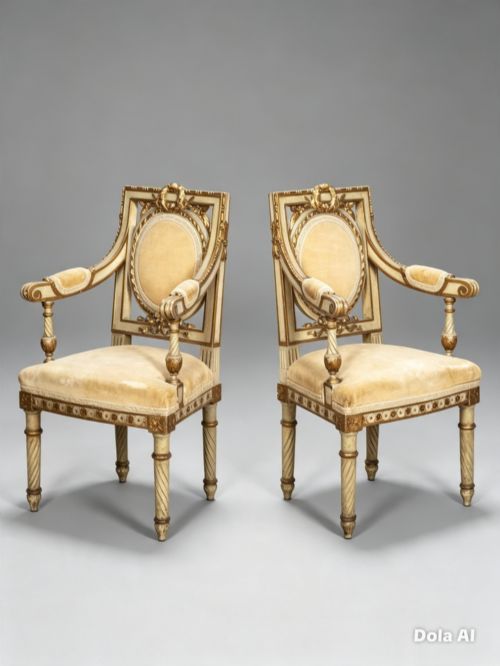 fig 1. A pair of 19th-century French Louis XVI style childrens salon armchairs featuring carved giltwood frames, oval medallion backs with crests, fluted legs, and gold velvet seats.