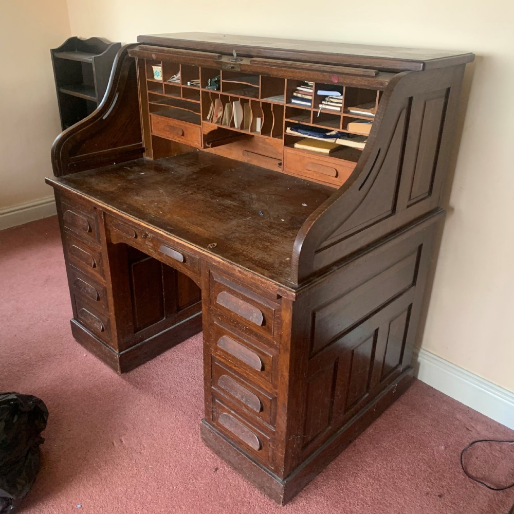 Edwardian oak roll top desk View VI