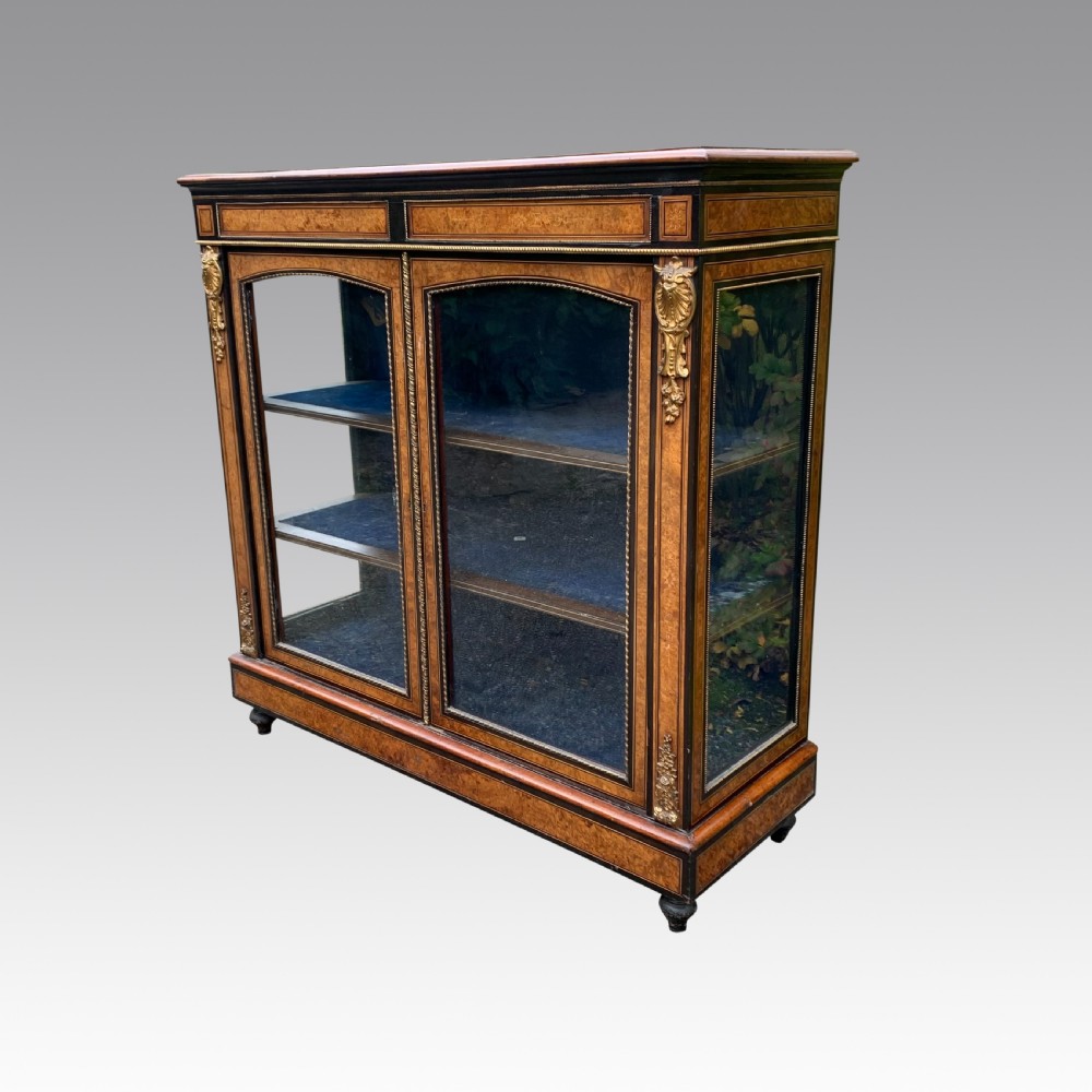 mid 19th Century burr walnut inlaid display cabinet/credenza View II