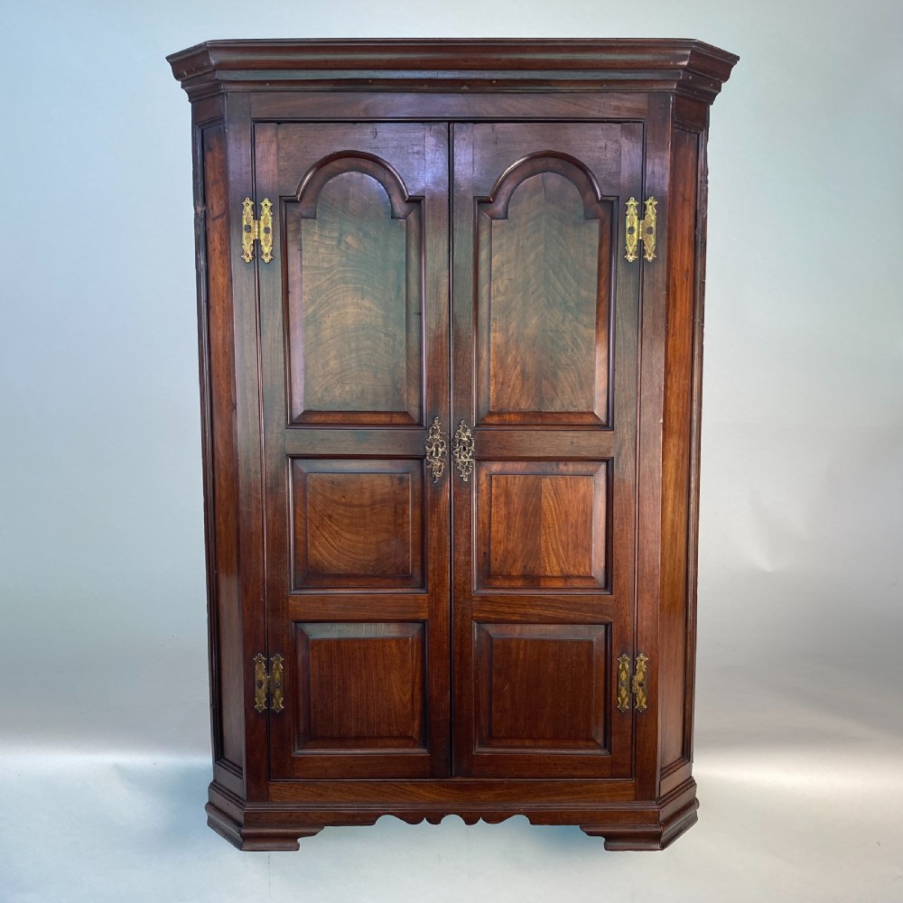An antique Georgian mahogany corner cupboard with twin panelled doors, arched top panels, and brass hinges. View II