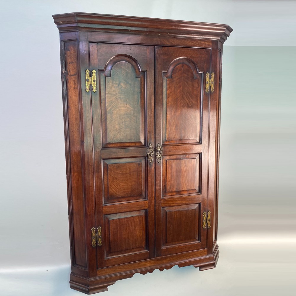 An antique Georgian mahogany corner cupboard with twin panelled doors, arched top panels, and brass hinges. View III