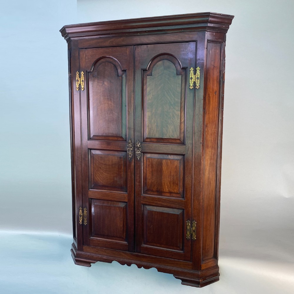 An antique Georgian mahogany corner cupboard with twin panelled doors, arched top panels, and brass hinges. View IV
