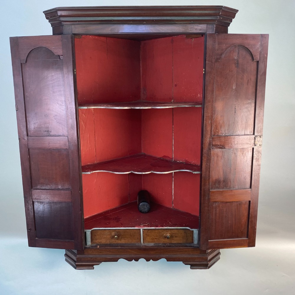 An antique Georgian mahogany corner cupboard with twin panelled doors, arched top panels, and brass hinges. View VI