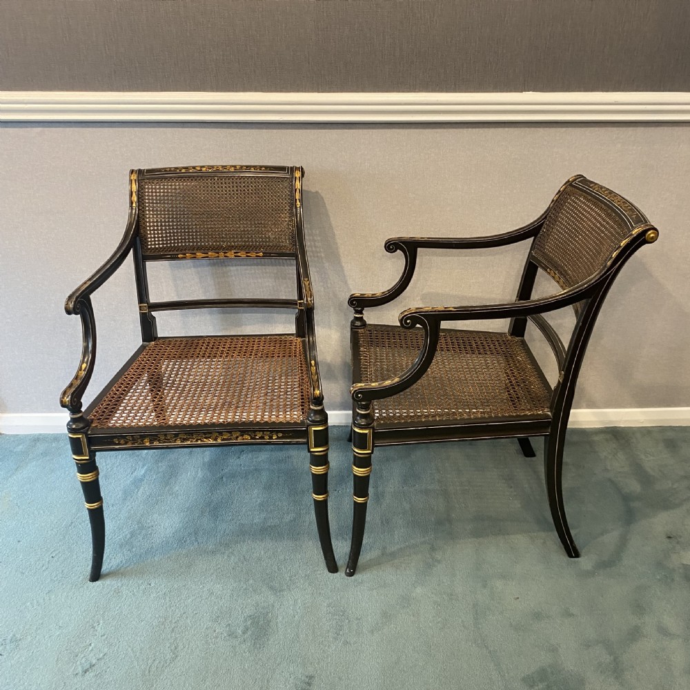Pair of Regency black lacquer and gilt Armchairs View II