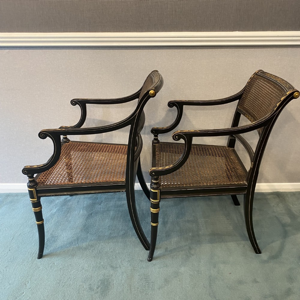 Pair of Regency black lacquer and gilt Armchairs View III