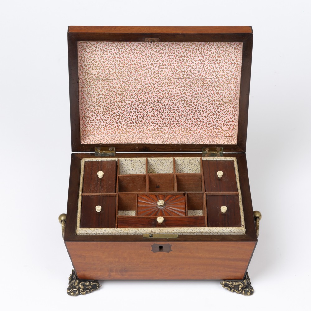 A Regency style satinwood casket box featuring a tapered sarcophagus shape, carved lid trim, brass claw feet, and side ring handles. View IV