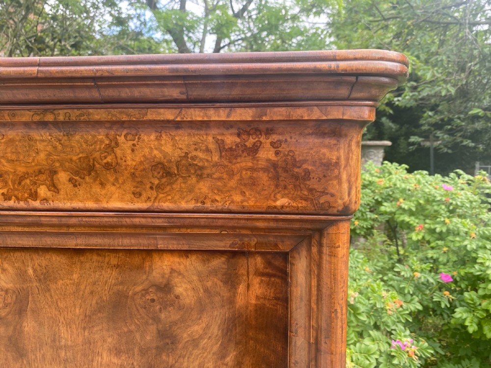 A tall antique burr walnut bonnetiere wardrobe cupboard featuring double panelled doors and a moulded top cornice. View VII