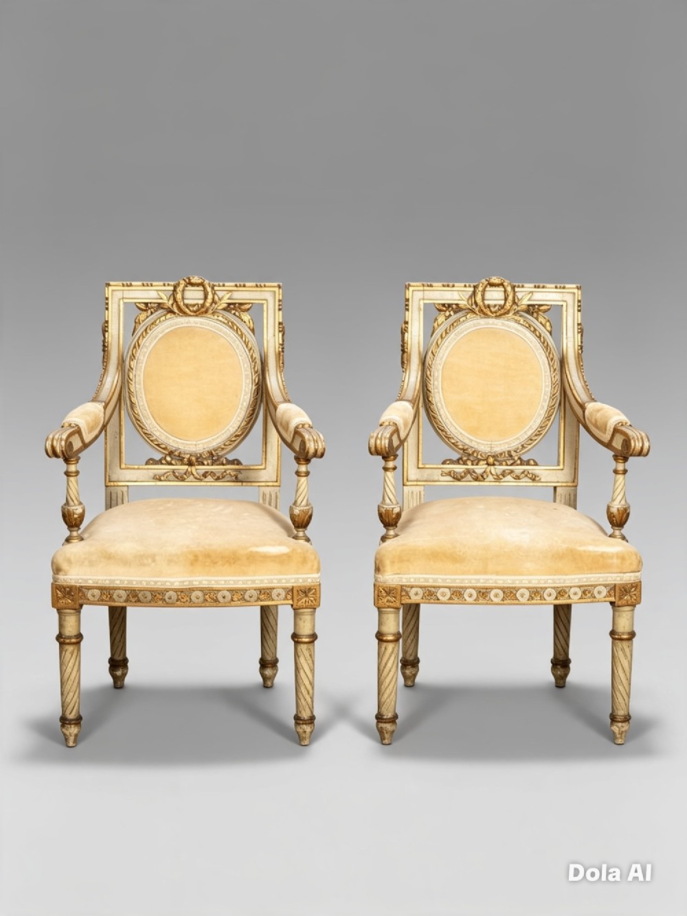 A pair of 19th-century French Louis XVI style childrens salon armchairs featuring carved giltwood frames, oval medallion backs with crests, fluted legs, and gold velvet seats.