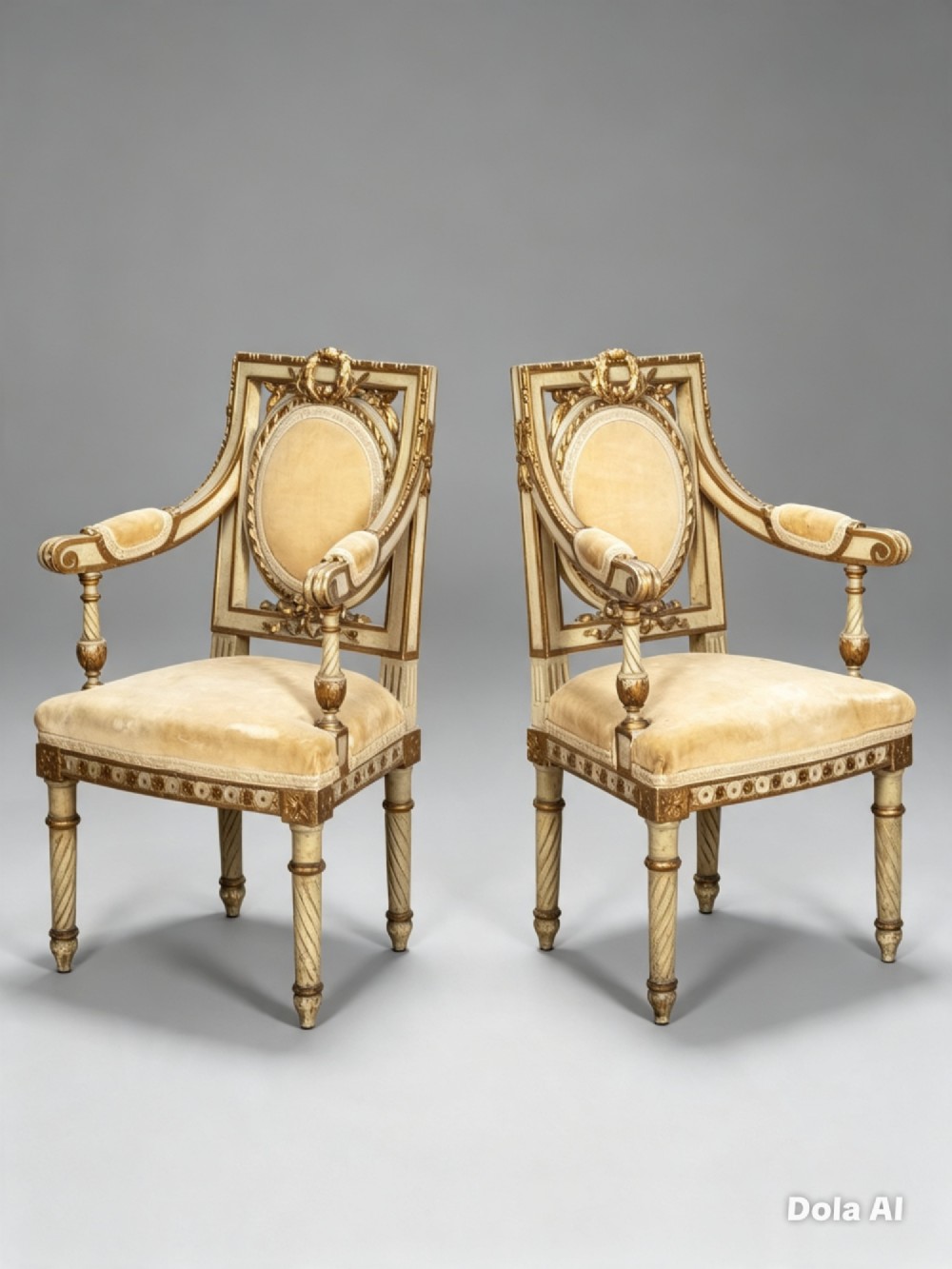 A pair of 19th-century French Louis XVI style childrens salon armchairs featuring carved giltwood frames, oval medallion backs with crests, fluted legs, and gold velvet seats. View II