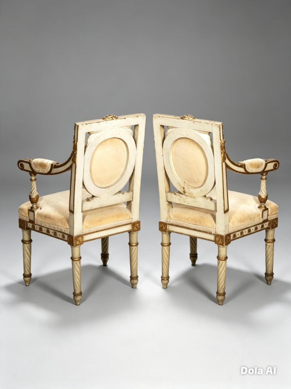 A pair of 19th-century French Louis XVI style childrens salon armchairs featuring carved giltwood frames, oval medallion backs with crests, fluted legs, and gold velvet seats. View III