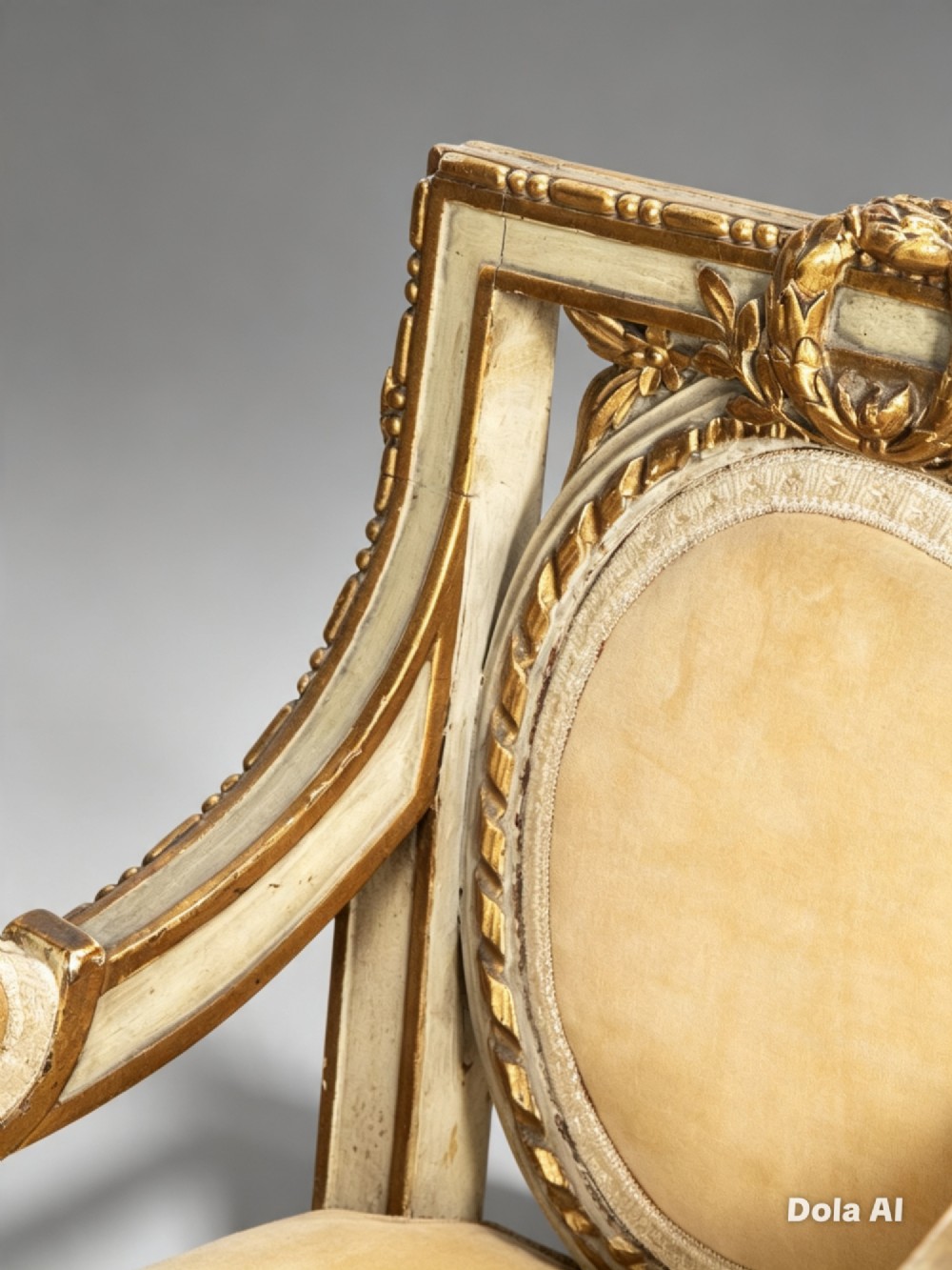 A pair of 19th-century French Louis XVI style childrens salon armchairs featuring carved giltwood frames, oval medallion backs with crests, fluted legs, and gold velvet seats. View IV