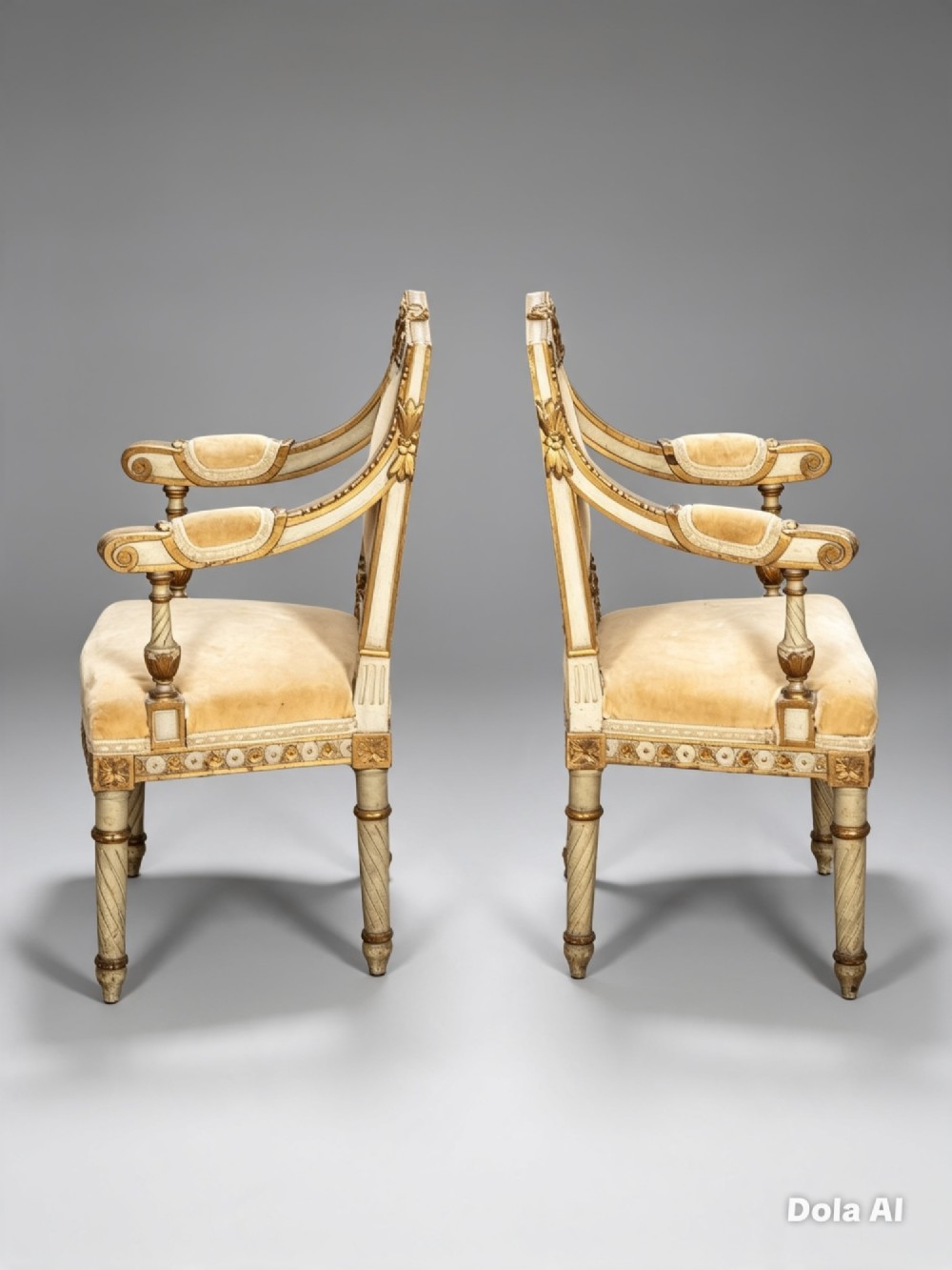 A pair of 19th-century French Louis XVI style childrens salon armchairs featuring carved giltwood frames, oval medallion backs with crests, fluted legs, and gold velvet seats. View V