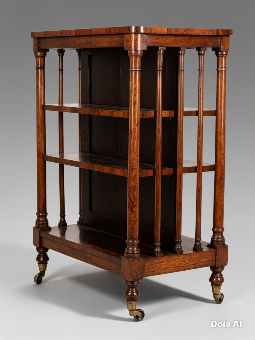A 19th-century double-sided rosewood open bookcase featuring turned spindle columns, three open shelves, and brass castors.