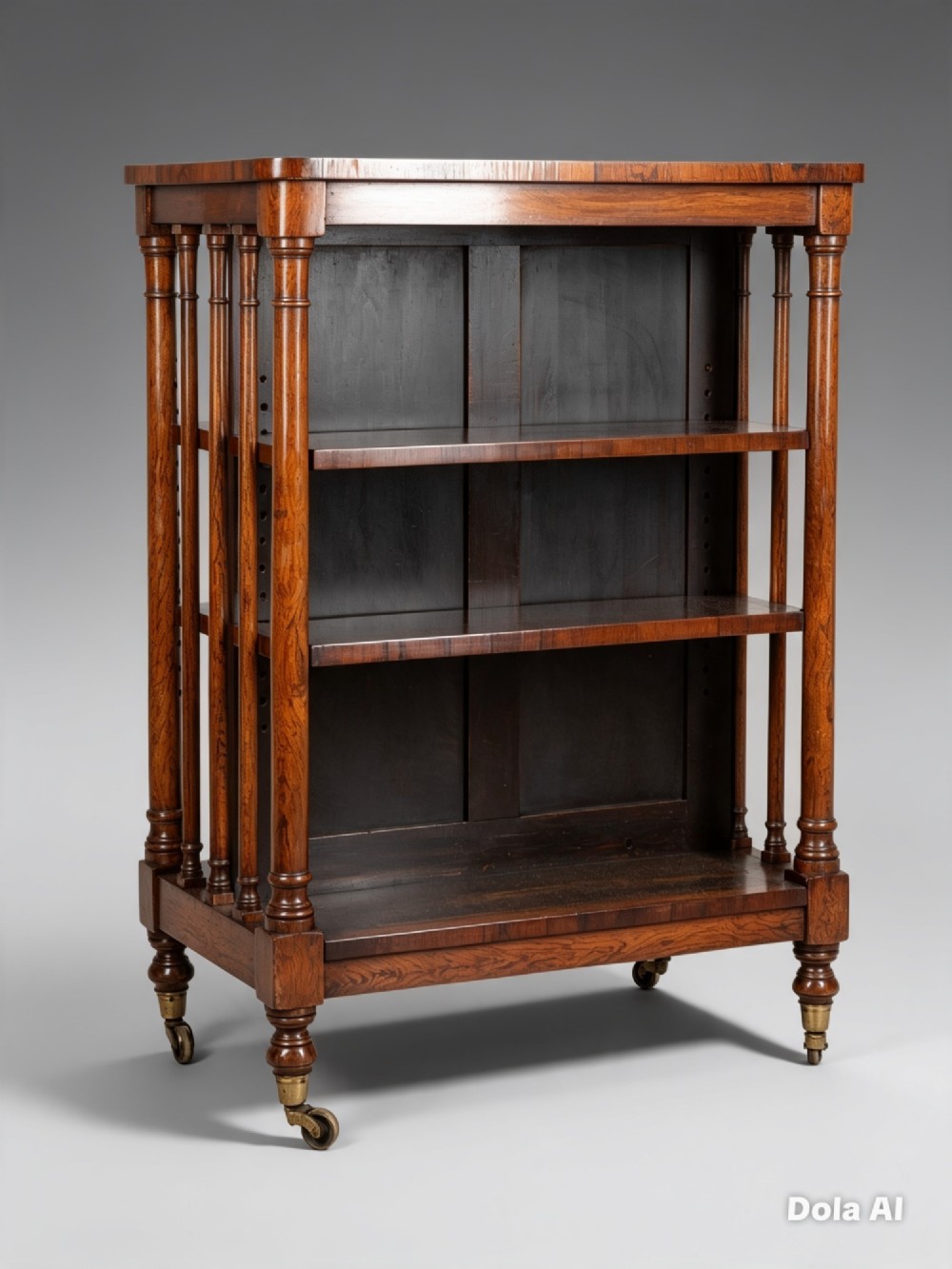 A 19th-century double-sided rosewood open bookcase featuring turned spindle columns, three open shelves, and brass castors. View IX