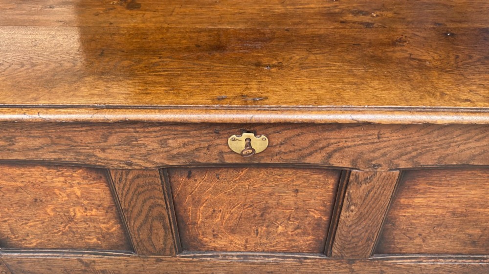 A seventeenth-century solid oak coffer featuring a hinged lid, three front panels, a central brass keyhole escutcheon, and square stile legs. View III