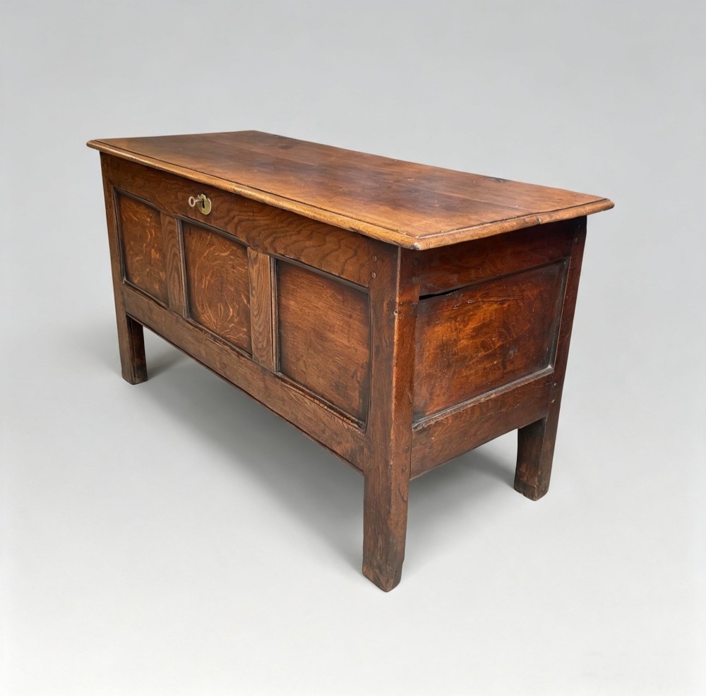 A seventeenth-century solid oak coffer featuring a hinged lid, three front panels, a central brass keyhole escutcheon, and square stile legs. View IV