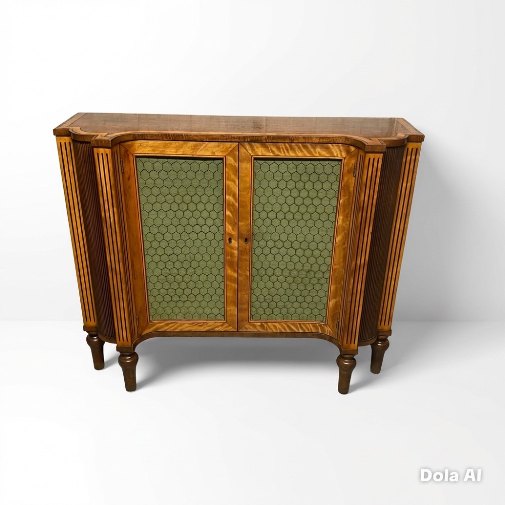 A Georgian satinwood side cabinet featuring two wire-mesh panelled doors lined with green fabric, flanked by fluted pilasters on turned legs. View VII