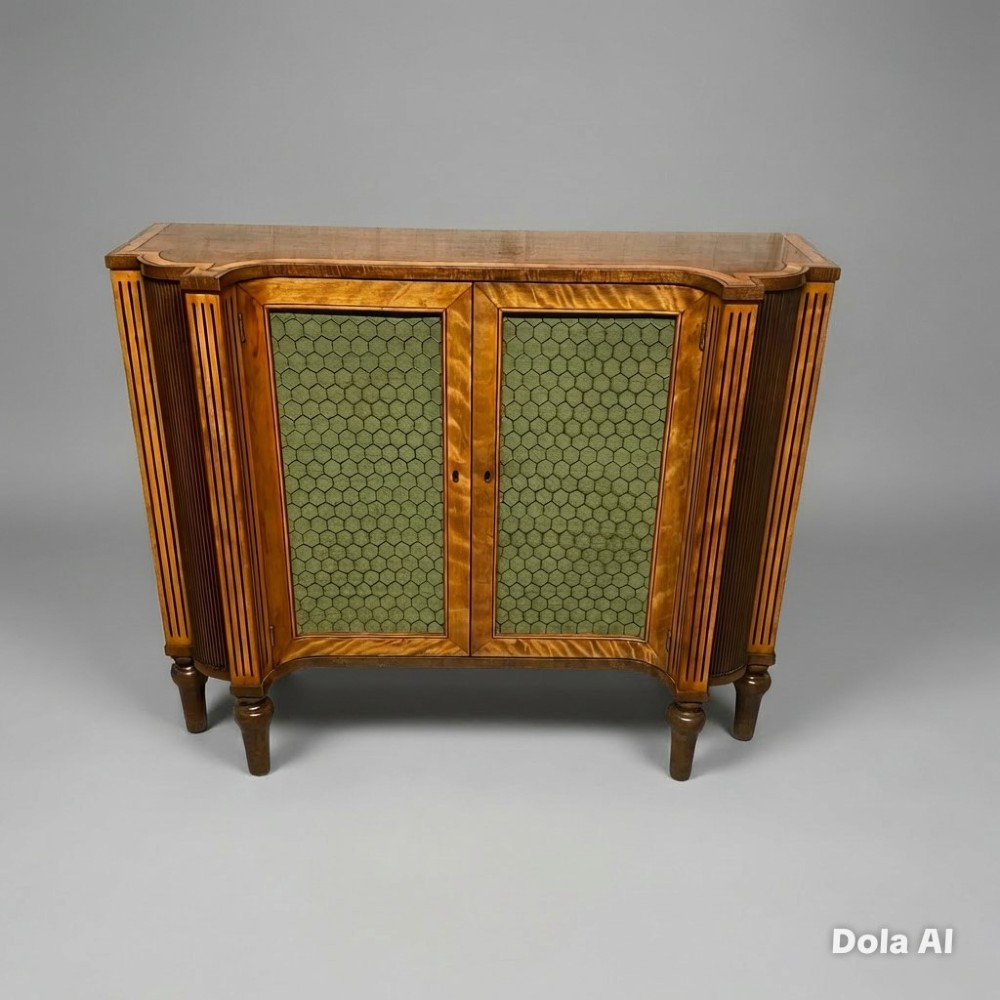 A Georgian satinwood side cabinet featuring two wire-mesh panelled doors lined with green fabric, flanked by fluted pilasters on turned legs. View VIII