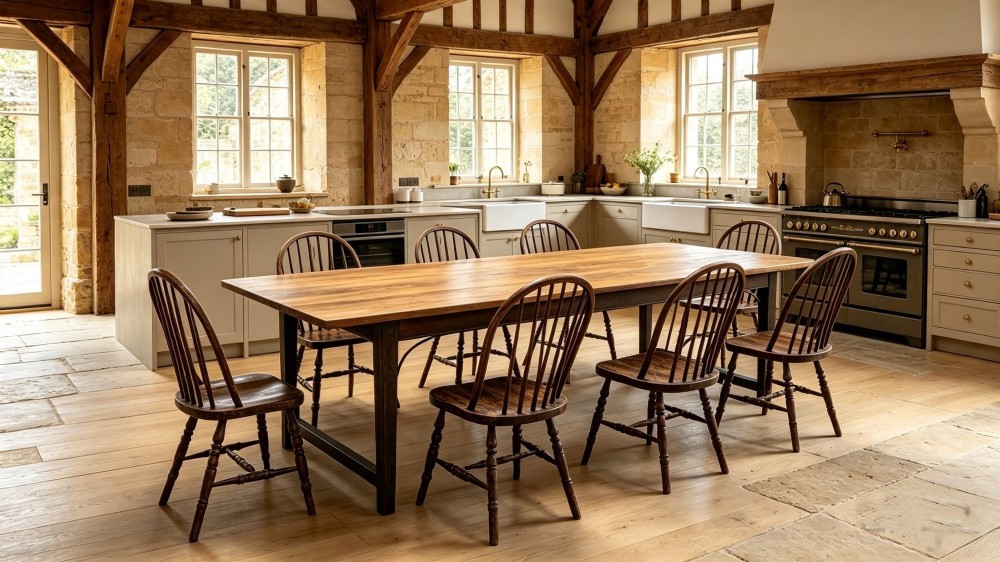 An antique rectangular refectory table made of warm fruitwood timber featuring a multi-plank top, dark legs, and metal corner support braces. View IV