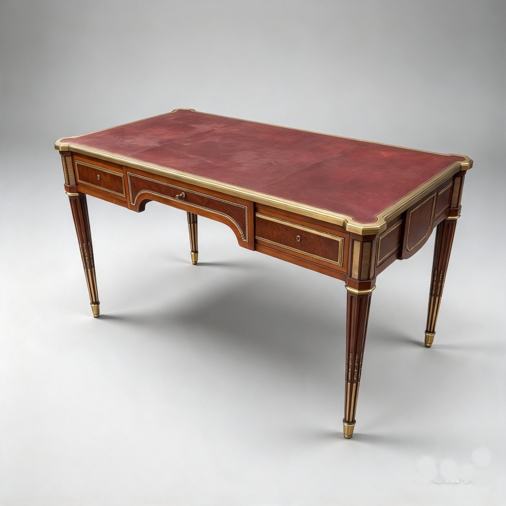 A French Napoleon III style mahogany bureau plat featuring a red leather inset top, gilt bronze mounts, three frieze drawers, and tapered fluted legs.