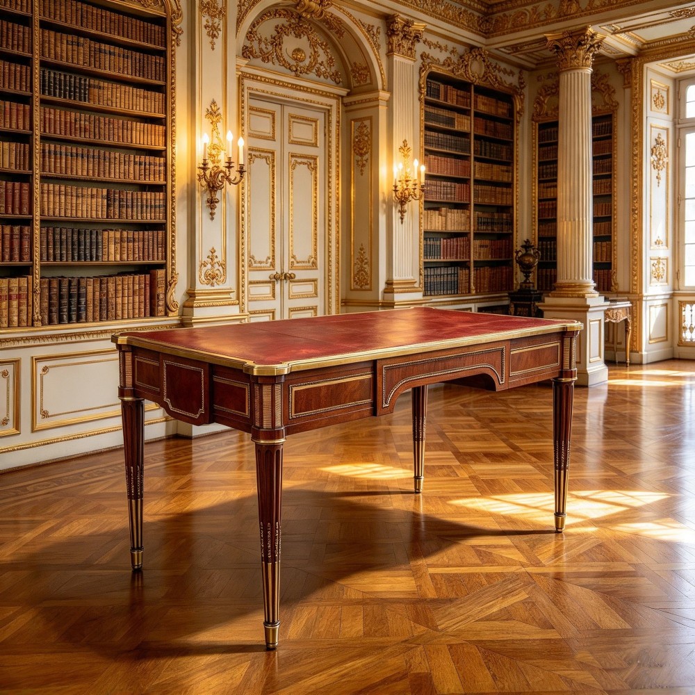 A French Napoleon III style mahogany bureau plat featuring a red leather inset top, gilt bronze mounts, three frieze drawers, and tapered fluted legs. View II