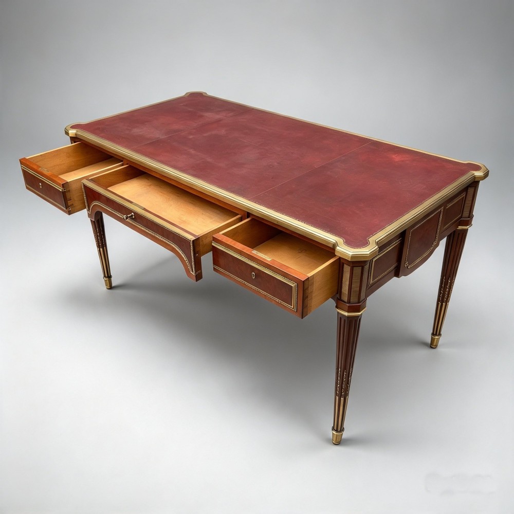 A French Napoleon III style mahogany bureau plat featuring a red leather inset top, gilt bronze mounts, three frieze drawers, and tapered fluted legs. View XII