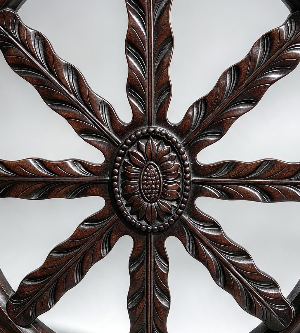A set of ten mahogany wheelback dining chairs with carved circular backs and floral tapestry upholstered seats. View IV