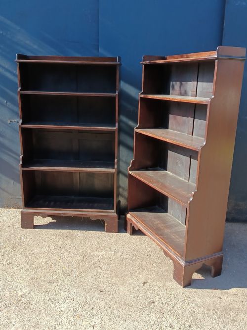 A Pair of Country House Dwarf Mahogany and Pine Waterfall Bookcases.