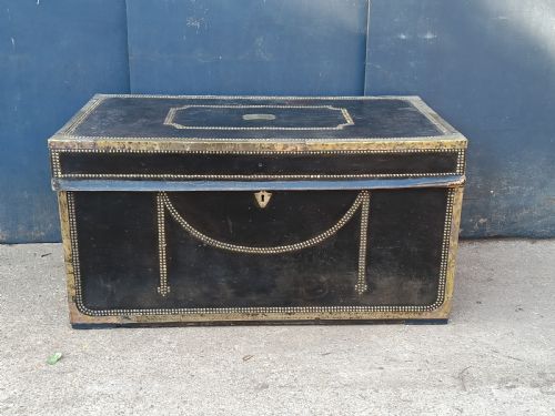 Extra Large Large Leather Clad Camphorwood Campaign / Travelling Trunk