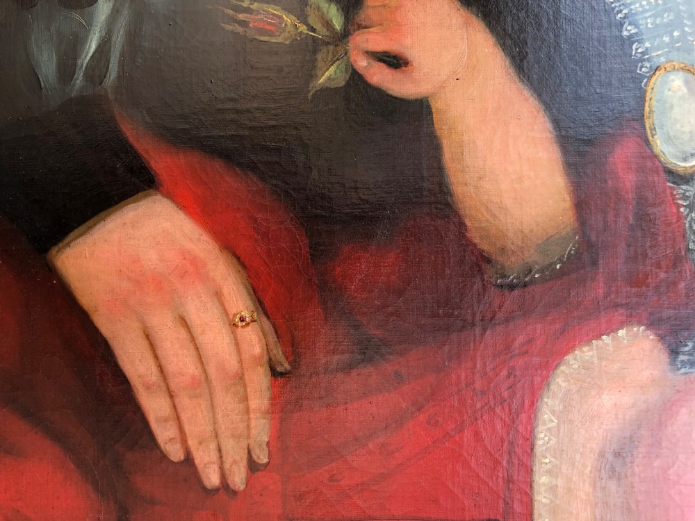 Naive folk art oil on canvas of woman and child (boy) in red dress View VII