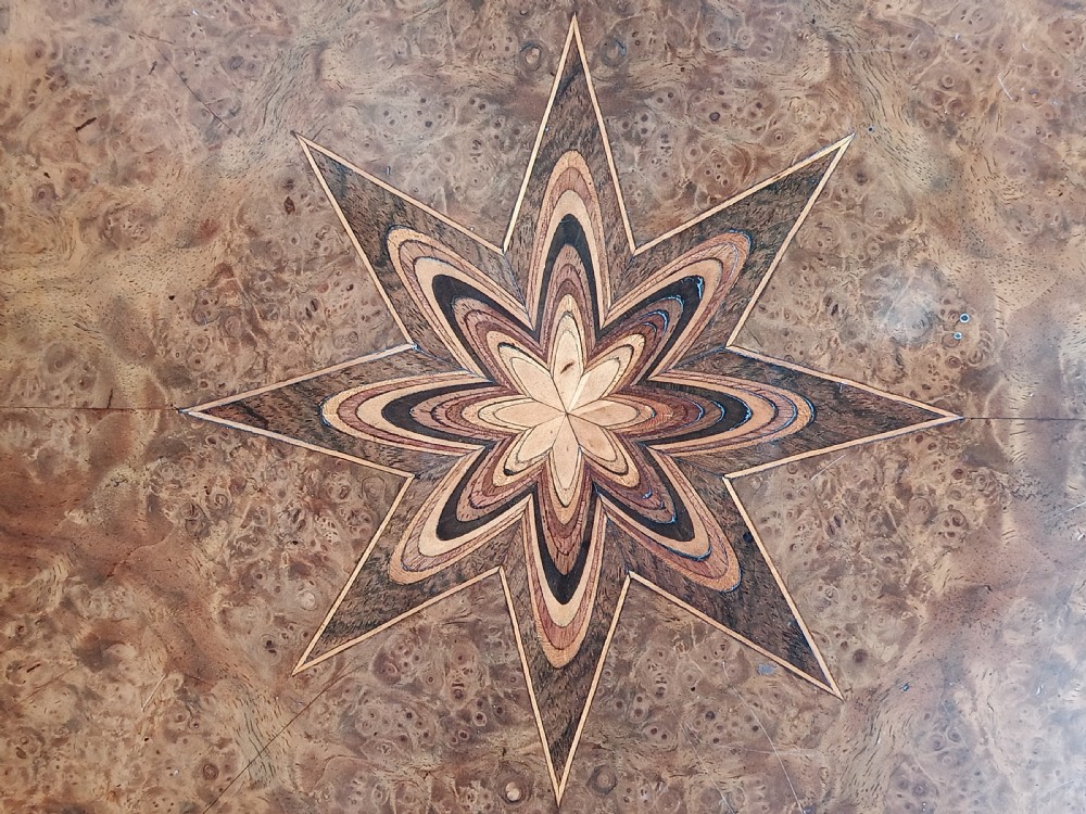 Burr elm and marquetry centre table View III