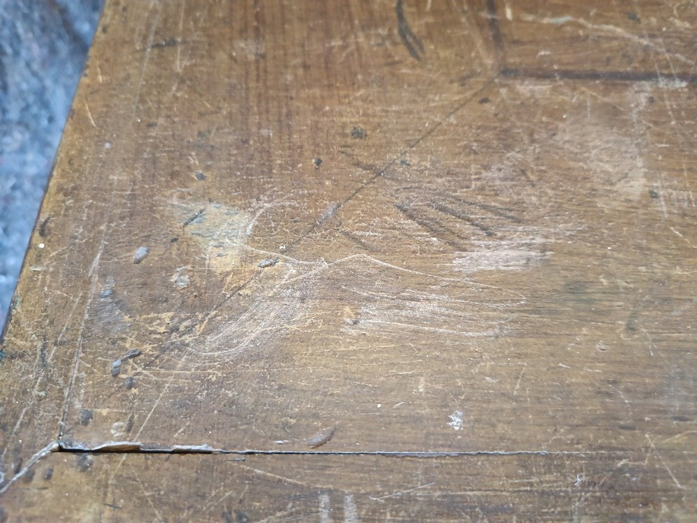 An early 19th-century painted pine mule chest featuring a top hinged coffer lid, a single lower drawer with two turned wooden knobs, and keyhole escutcheons. View XIII