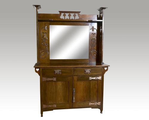 Art Nouveau Walnut Mirror Backed Sideboard with Original Copper Fittings C1900