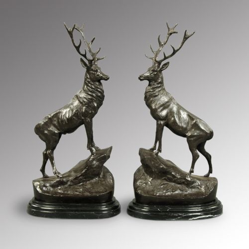After Jules Moigniez (French: 1835-1894) a Pair of Bronze Stags on Marble Bases