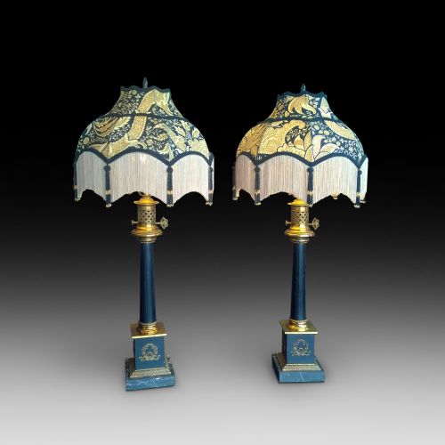 Pair of American Brass and Marble Lamps