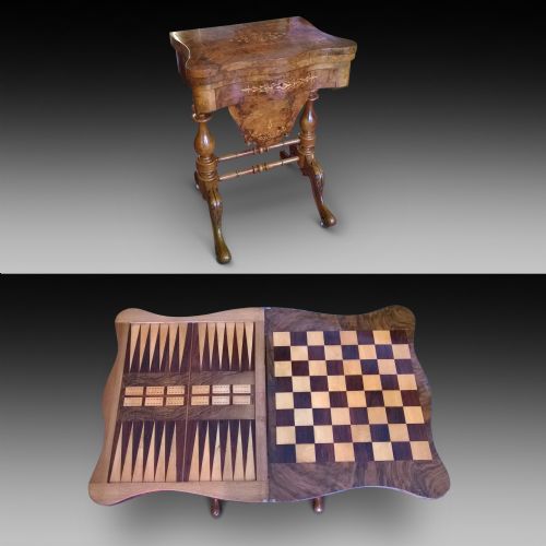 Victorian Burr Walnut Sewing and Games Table