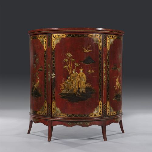 Mid 19thc Chinoiserie Lacquered Demi Lune Cabinet