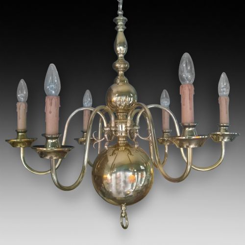 1930'S Brass 6 Arm Chandelier