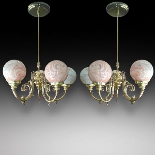 Pair of Edwardian Brass 5 Arm Chadeliers
