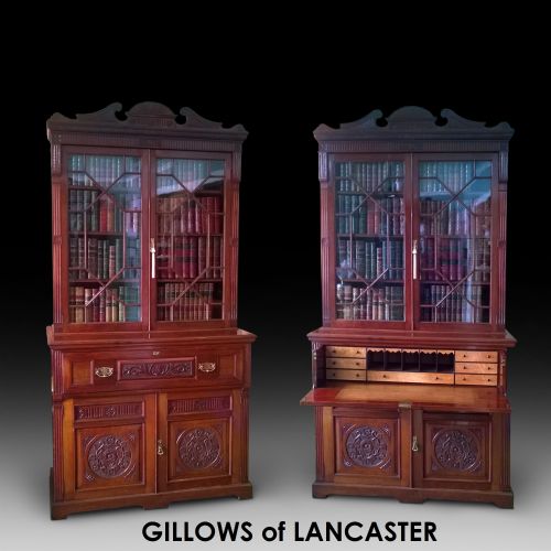 Pair of Late 19thc Walnut Gillows Secretaire Cupboard Bookcases