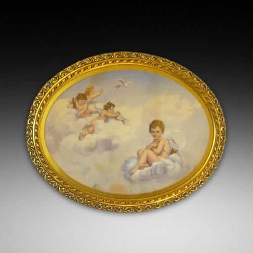 Edwardian Giltwood Oval Frame with a Watercolour of Cherubs