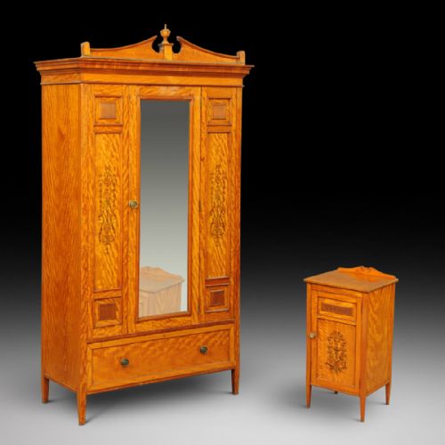 Gillows Satinwood Wardrobe and Bedside Cabinet