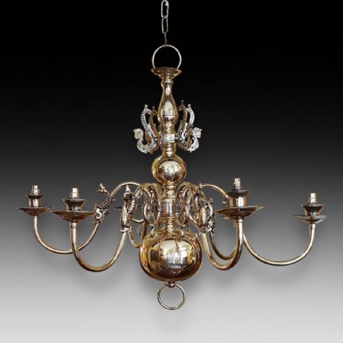 1930'S Dutch 6 Arm Brass Chandelier