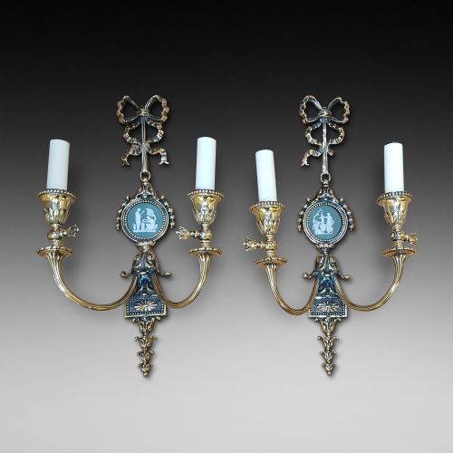 Pair of Edwardian Adam Style Brass Twin Wall Lights