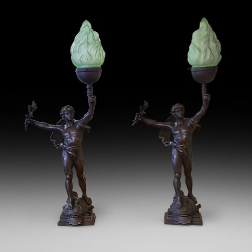 Pair of French Spelter Figural Table Lamps